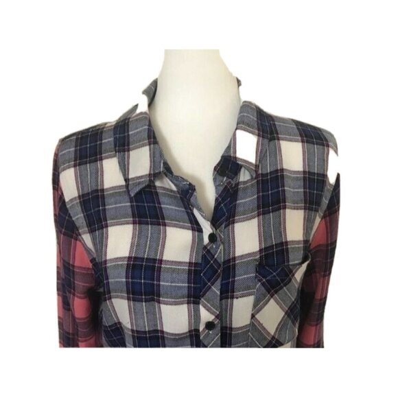 RAILS Long Sleeve Shirt Womens Size Medium Blue Plaid Pink Sleeves Solf Flannel - Picture 2 of 8